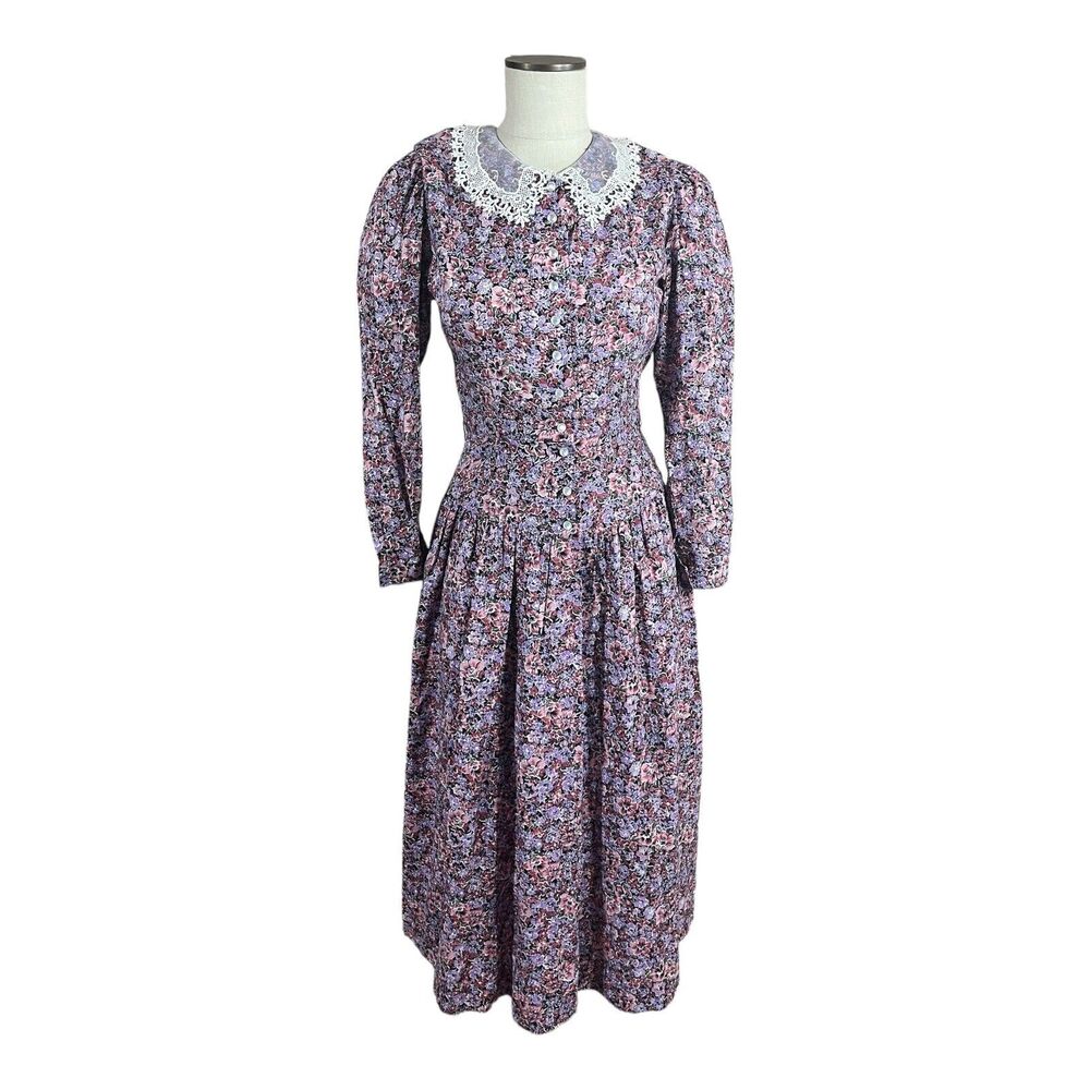Vintage Prairie Dress Lanz Made In USA Purple Floral Lace Collar Size 8 Modern 4